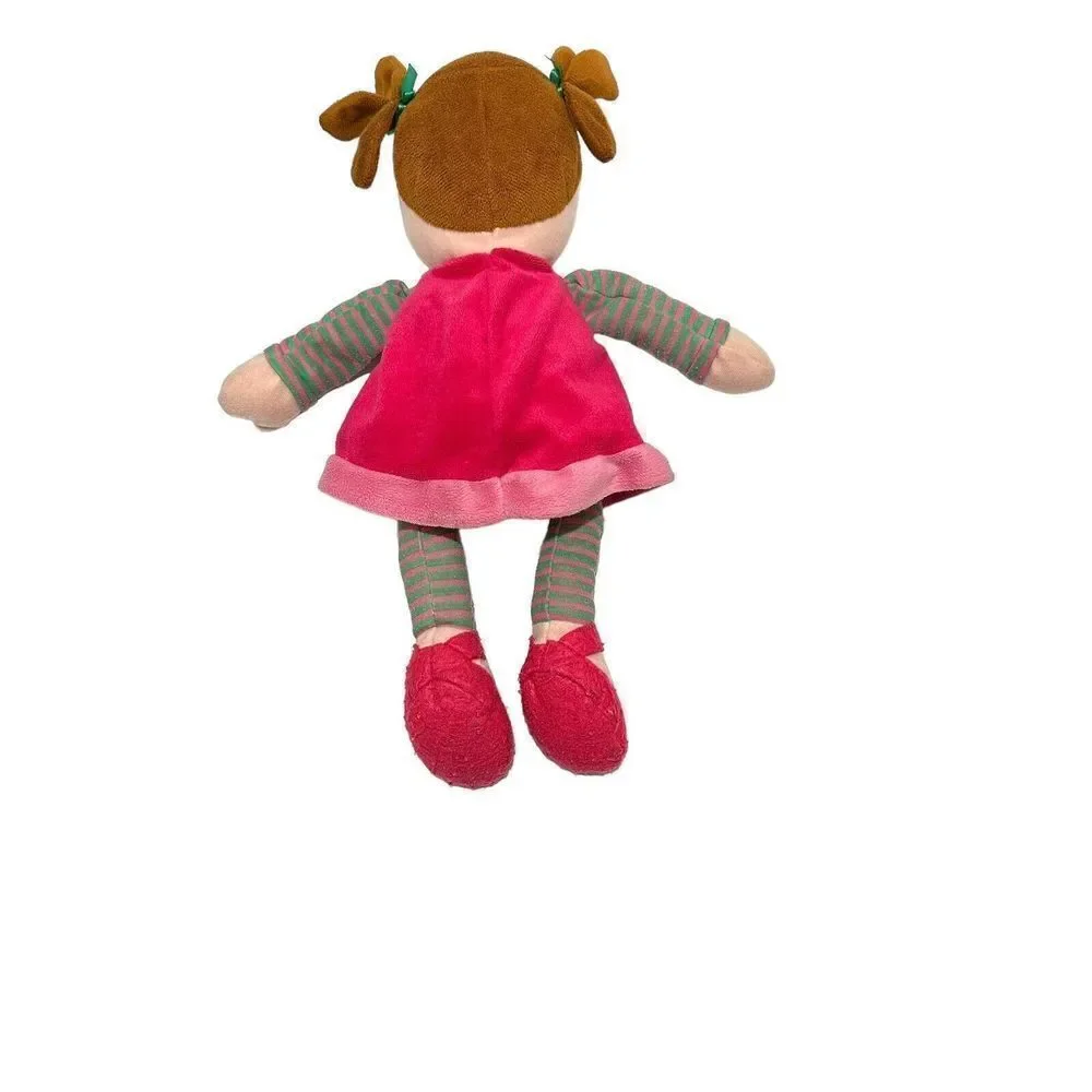 Carters Just One Year Brunette Plush Doll Brown Lovey Plush Pink Green Dress‎